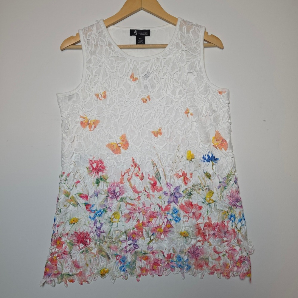 Alison Sheri Floral Butterfly Lace Sleeveless White Top Size Small